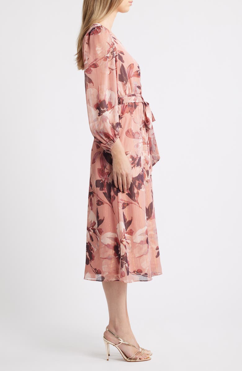 Anne Klein Metallic Stripe Floral Long Sleeve Midi Dress, Alternate, color, Rose Mist Multi