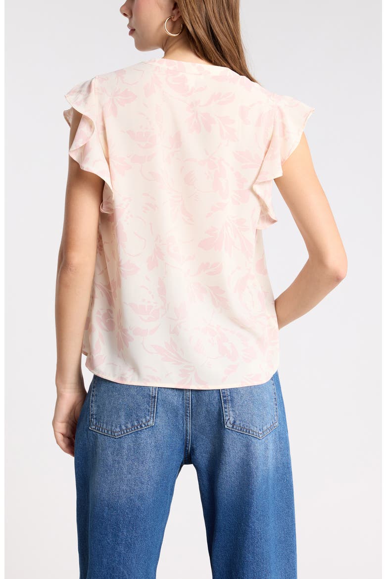 Ruffle Sleeve Tie Neck Top, Alternate, color, IVORY- PINK BOWIE ABSTRACT