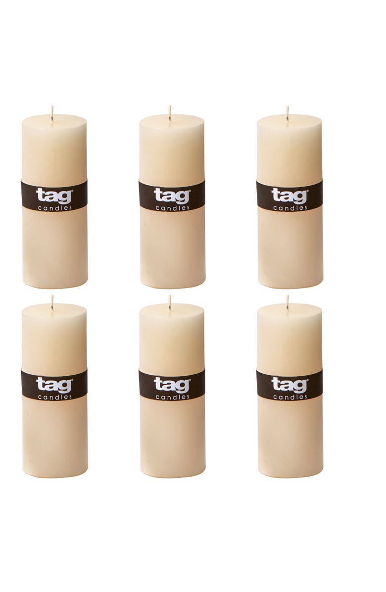 tag Ivory Pillar Candles Unscented Drip-Free Long Burning Set of 6, Main, color, Beige