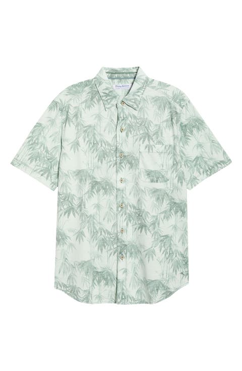 San Lucio Tides Bamboo Print IslandZone® Short Sleeve Cotton Blend Button-Up Shirt