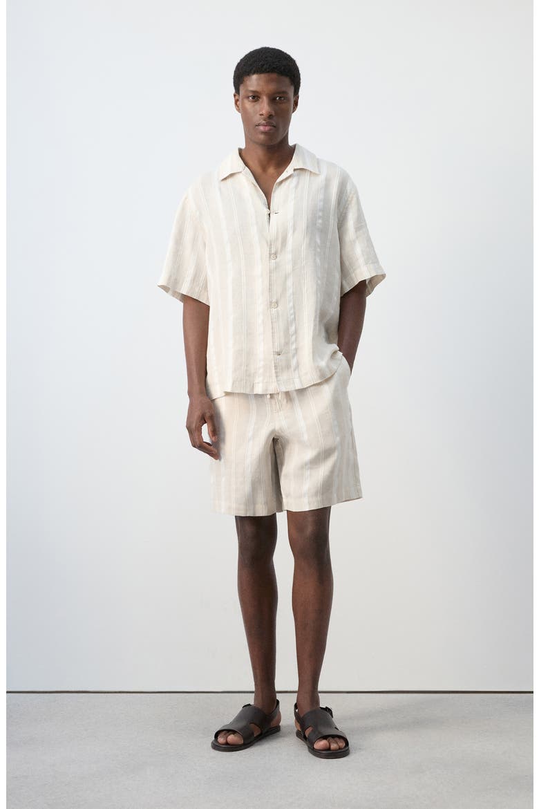 Stripe Linen & Cotton Blend Bowling Shirt, Alternate, color, BEIGE