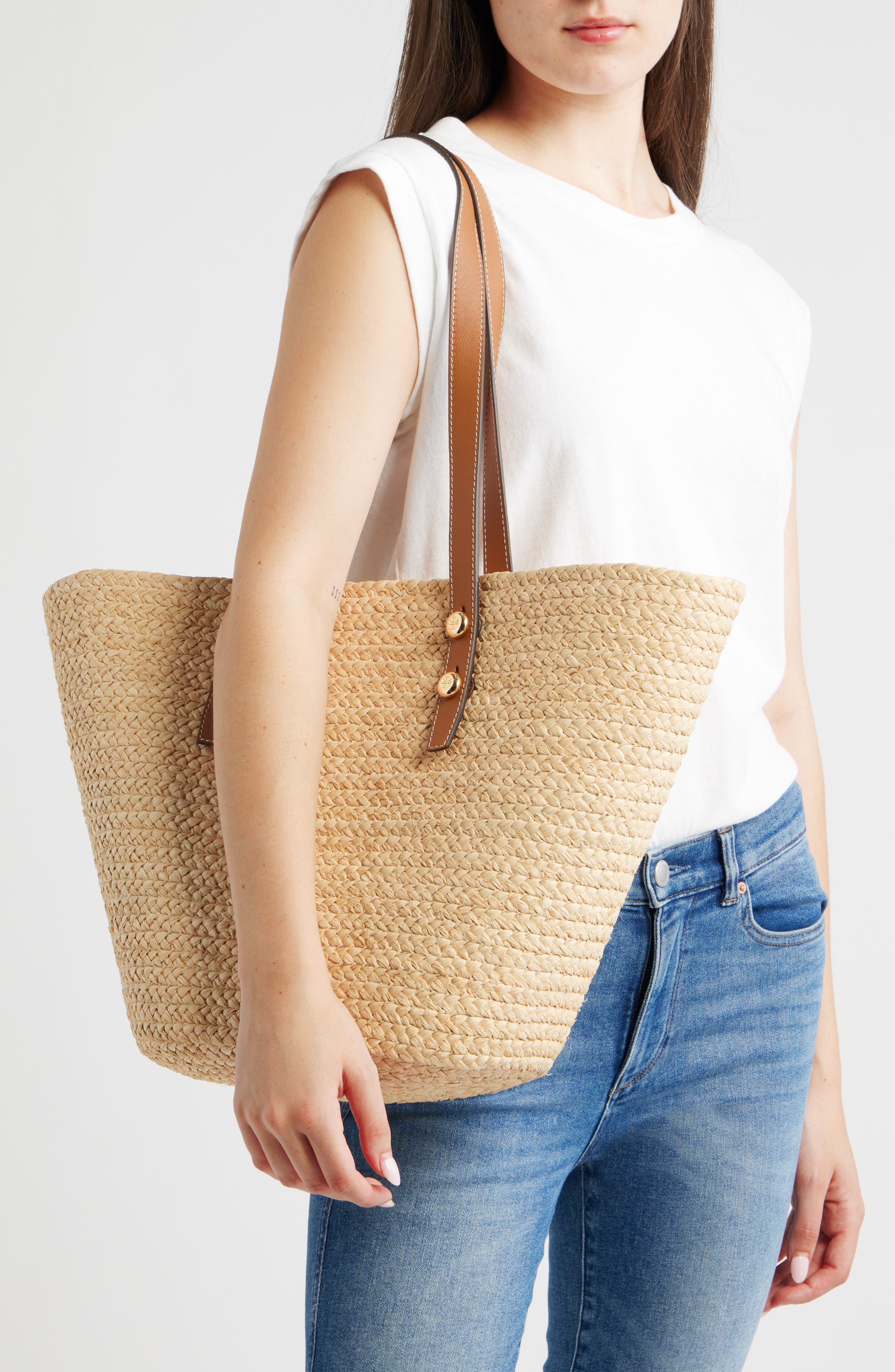 Tory Burch Large Romy Straw Basket Tote Bag, Alternate, color, Natural