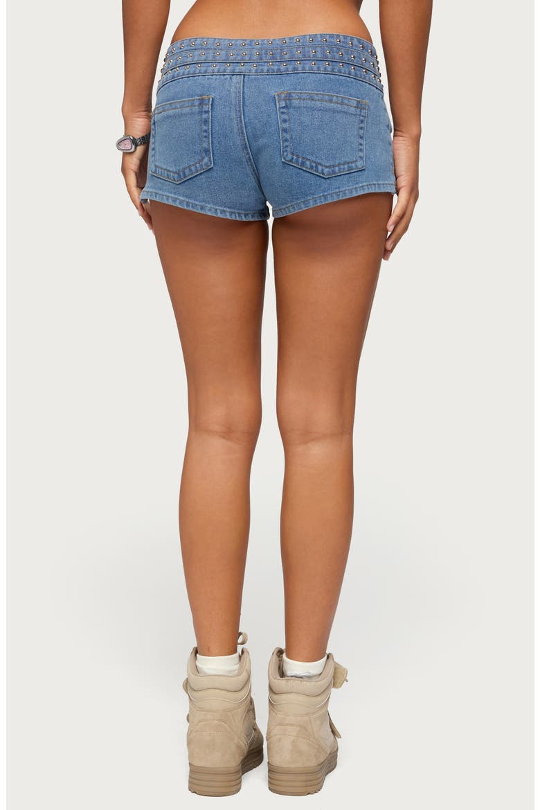 Odetta Studded Low Rise Denim Shorts, Alternate, color, LIGHT-BLUE