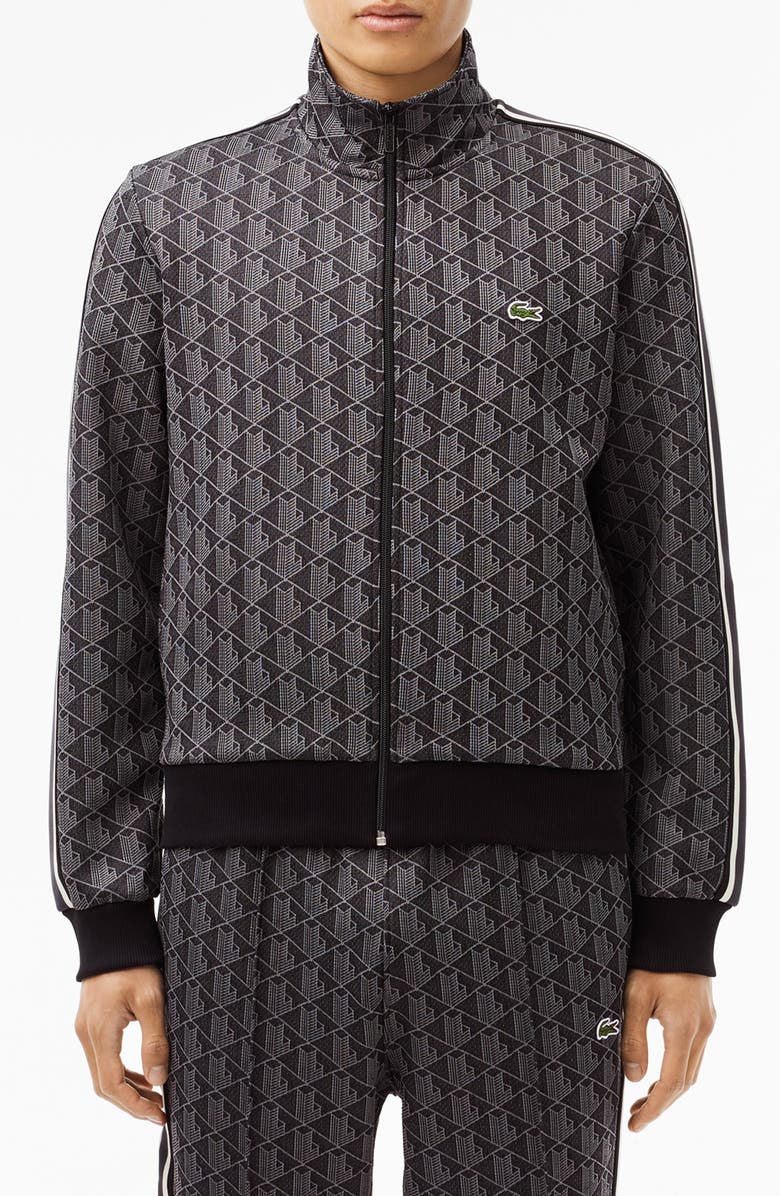 Lacoste Logo Monogram Stripe Track Jacket, Main, color, Black Graphite