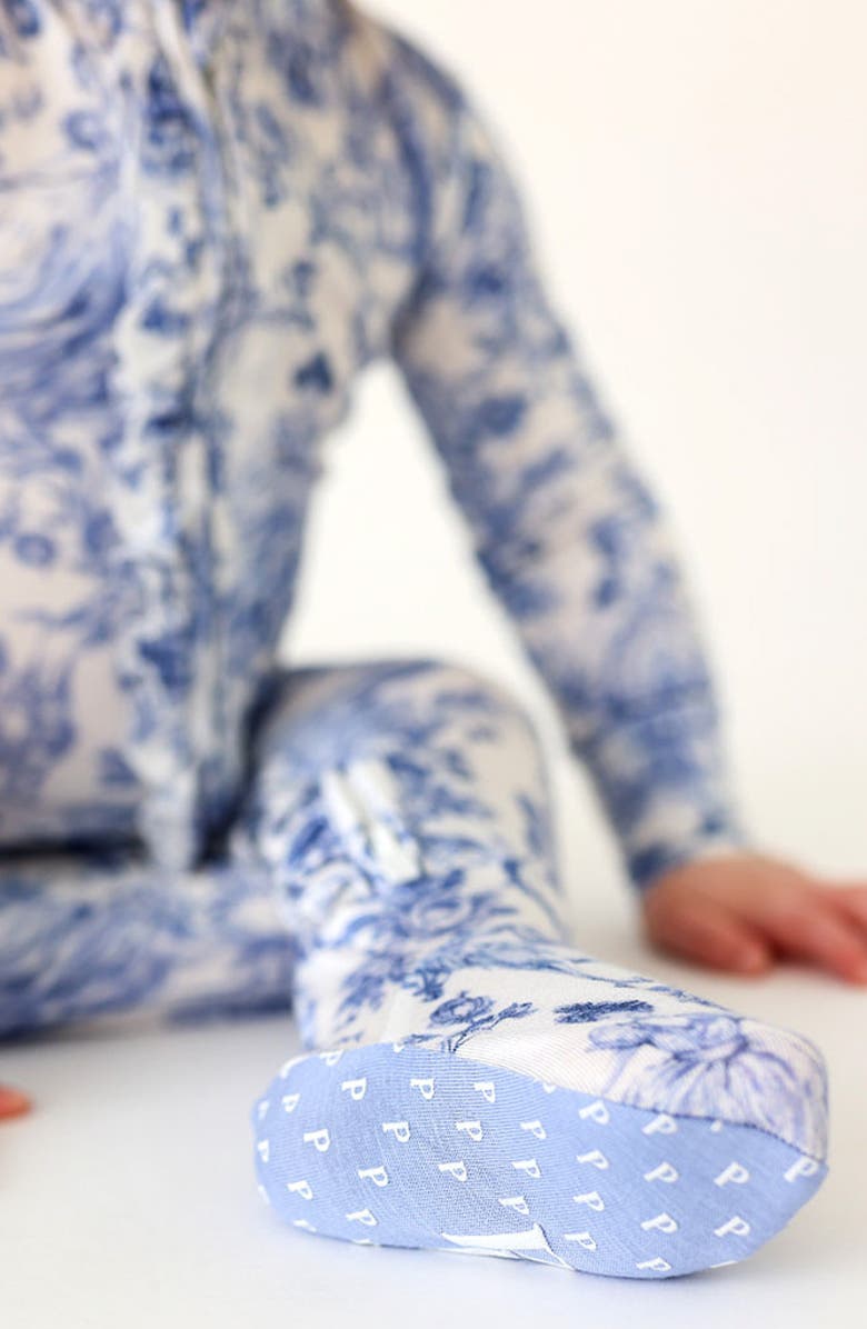 Posh Peanut Floral Toile Print Ruffle Zip Footie, Alternate, color, White