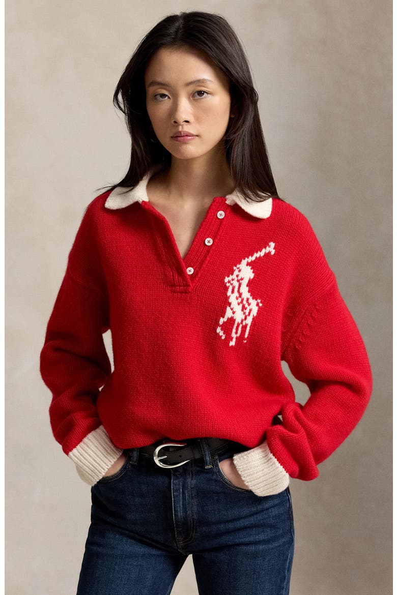 Wool Polo Sweater, Alternate, color, RL2000 RED/ CREAM