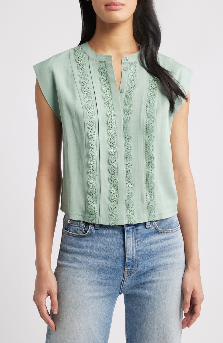 Wit & Wisdom Embellished Cap Sleeve Button-Up Shirt, Main, color, Vintage Jade