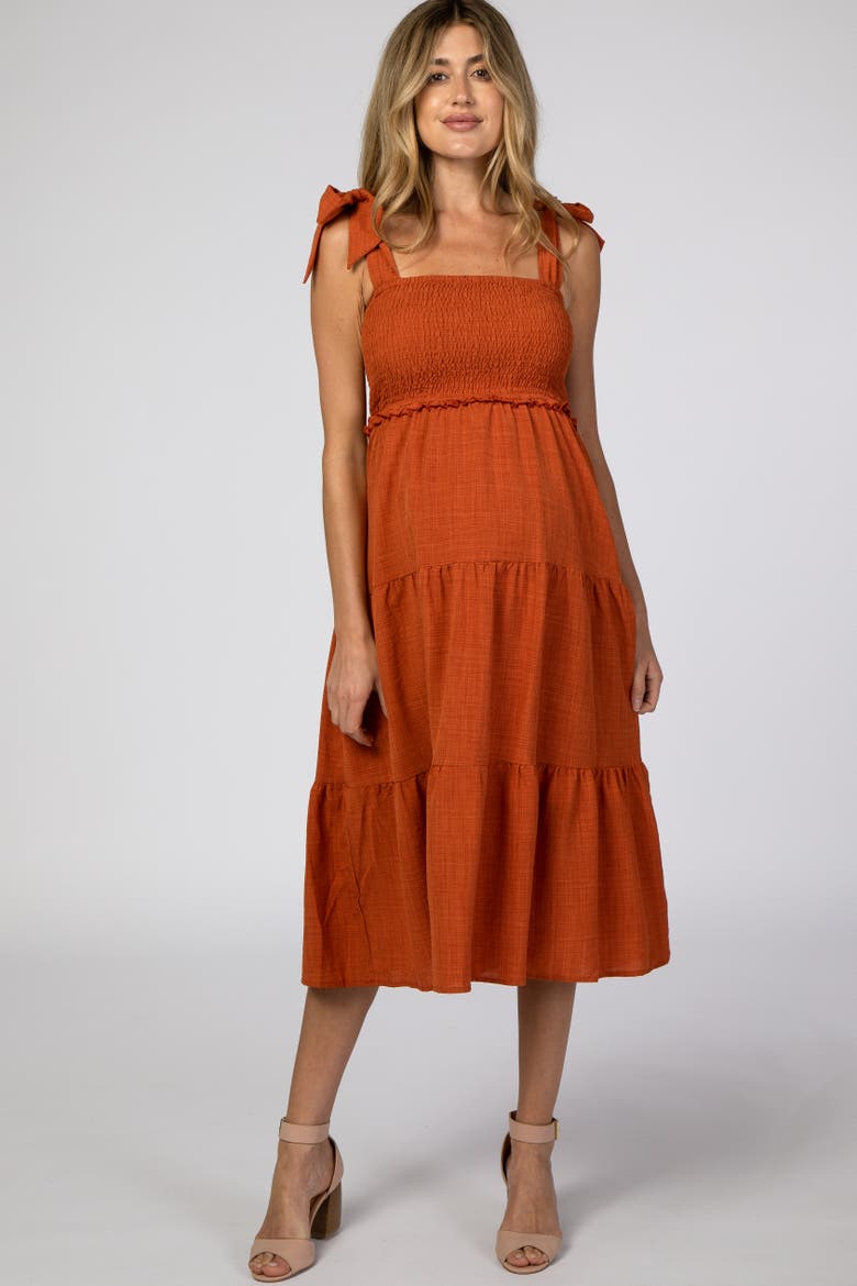 Bow Strap Tiered Midi Dress, Main, color, Rust
