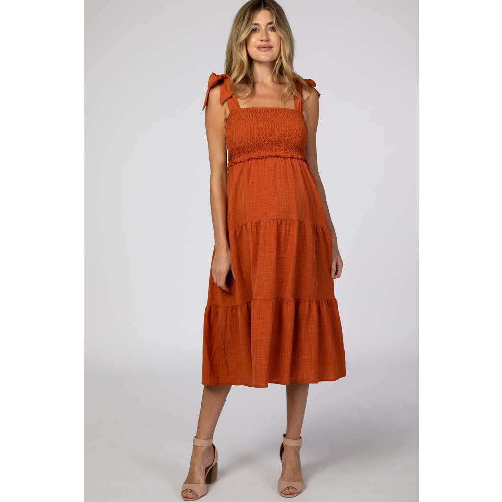 Pinkblush Bow Strap Tiered Midi Dress In Brown