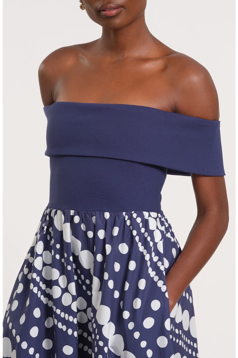 Off the Shoulder Midi Dress, Alternate, color, DOT NAVY