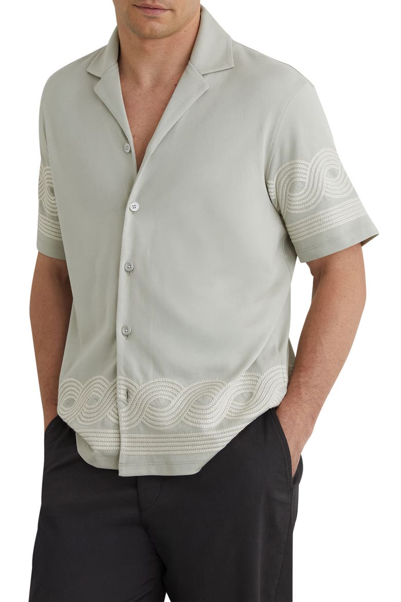 Arden Embroidered Cotton Blend Camp Shirt, Main, color, SOFT SAGE GREEN