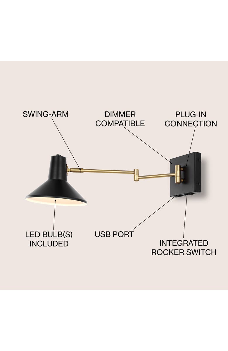 JONATHAN Y Hygge Swing Arm 1-Light Modern Midcentury Iron USB Charging Port LED Sconce, Alternate, color, Black