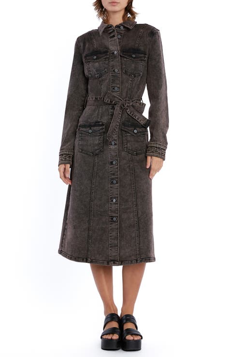 Tie Waist Long Sleeve Cargo Denim Midi Shirtdress