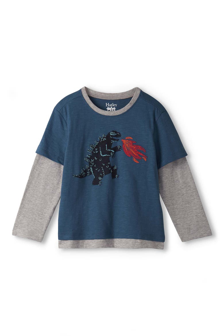Kids' Embroidered Monster Layered Look Cotton T-Shirt, Main, color, BLUE
