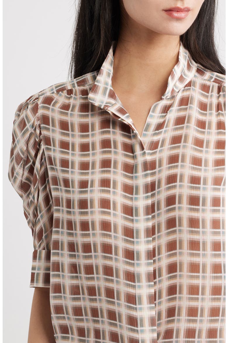 The Gillian Plaid Puff Sleeve Silk Button-Up Shirt, Alternate, color, SILVER PEONY PLAID