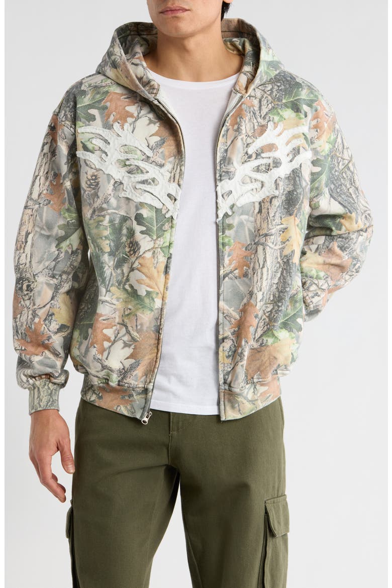 Chaos Appliqué Camouflage Zip Hoodie, Main, color, GREEN