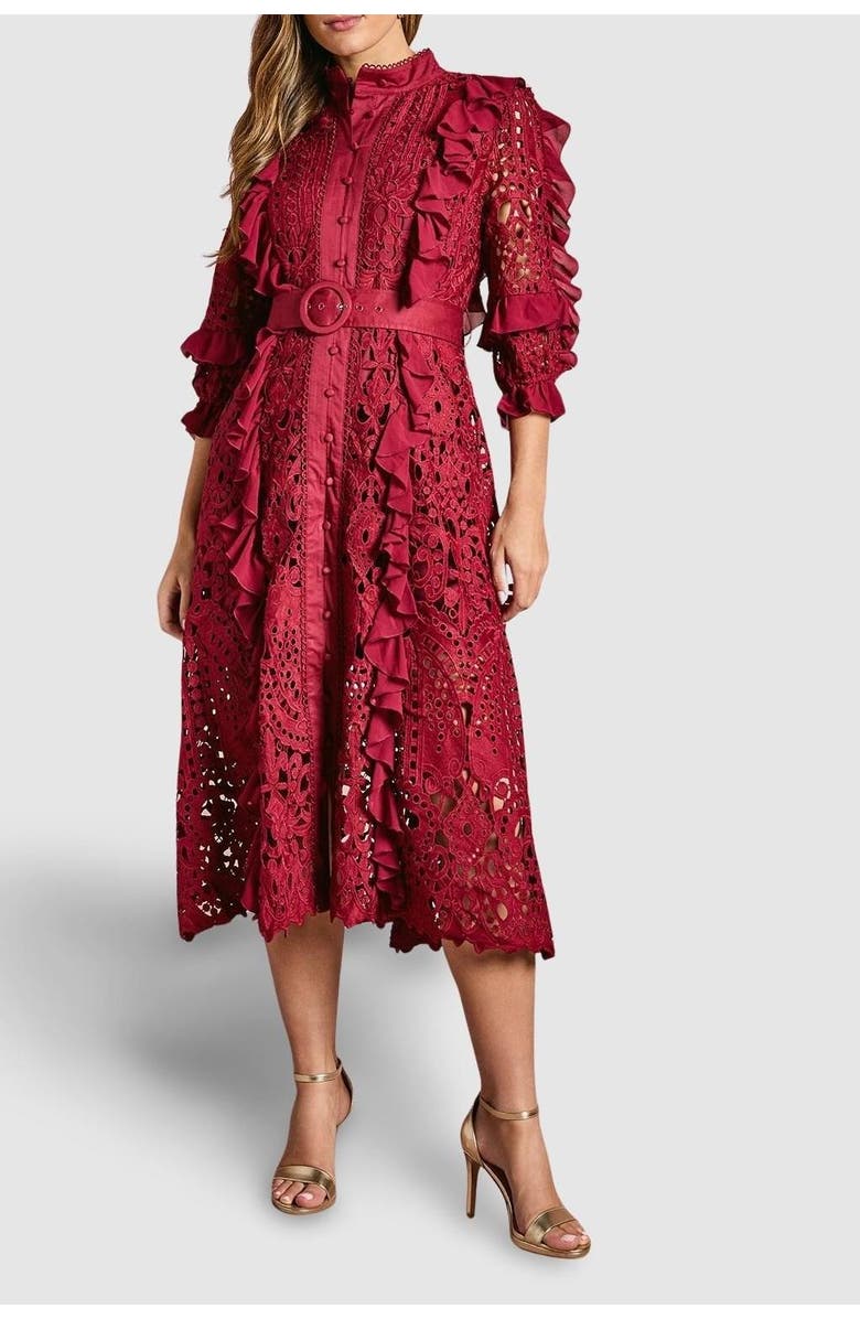 Coast Lace Ruffle Shirt Dress, Alternate, color, Burgundy