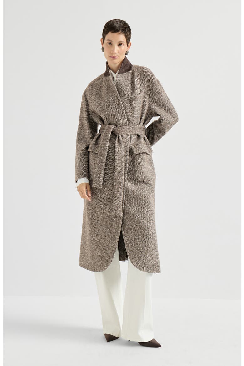 Virgin wool and silk mélange diagonal belted coat with monili, Main, color, Brown