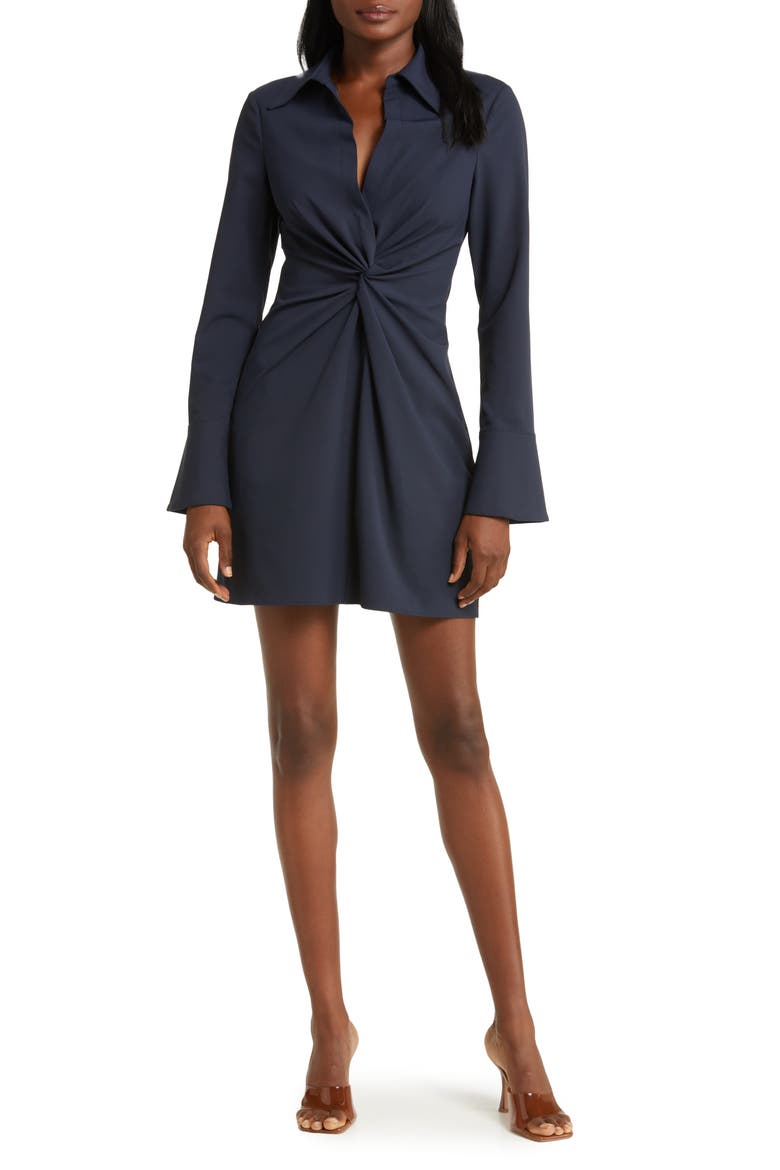 McKenna Front Twist Long Sleeve Mini Shirtdress, Main, color, NAVY