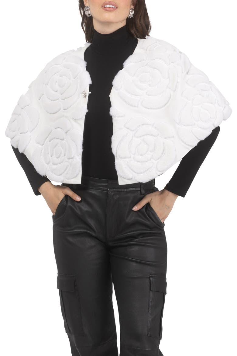 Genuine Shearling/Suede Floral Embroidered Stole Reversible To  Cashmere And Wool Blend, Alternate, color, WHITE/BLACK