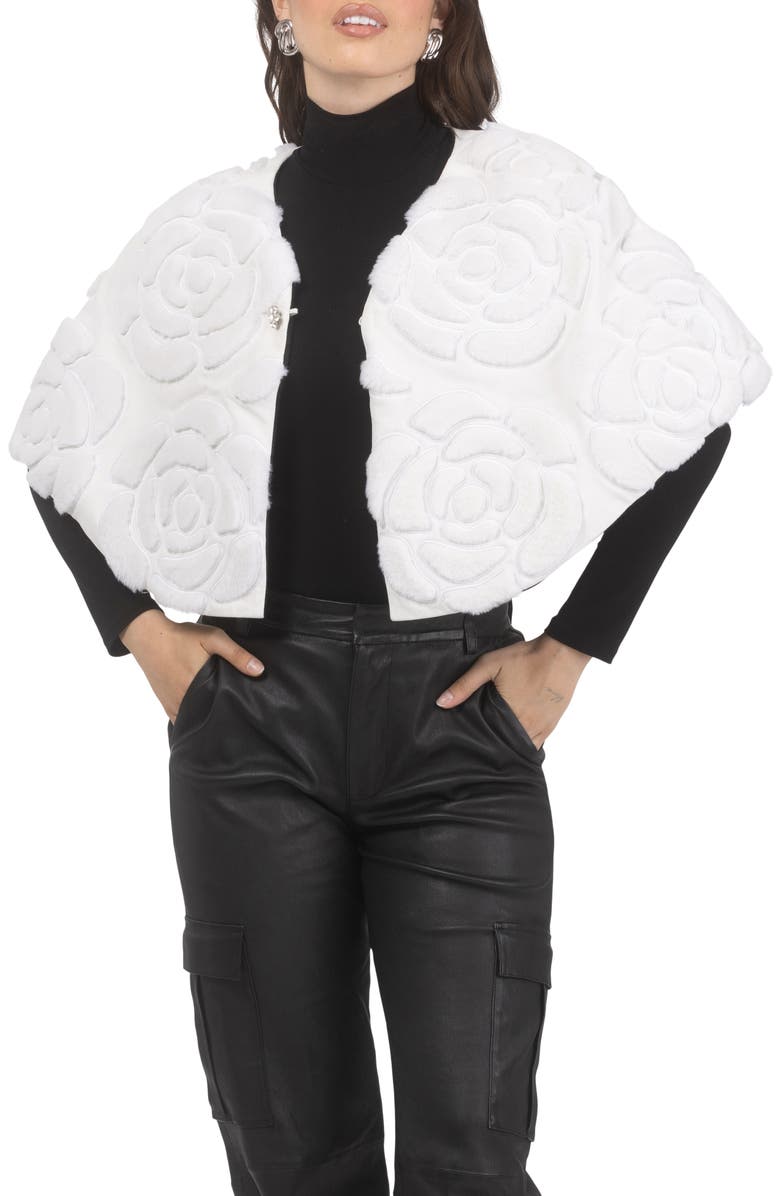 GORSKI Genuine Shearling/Suede Floral Embroidered Stole Reversible To Cashmere And Wool Blend, Alternate, color, White/Black