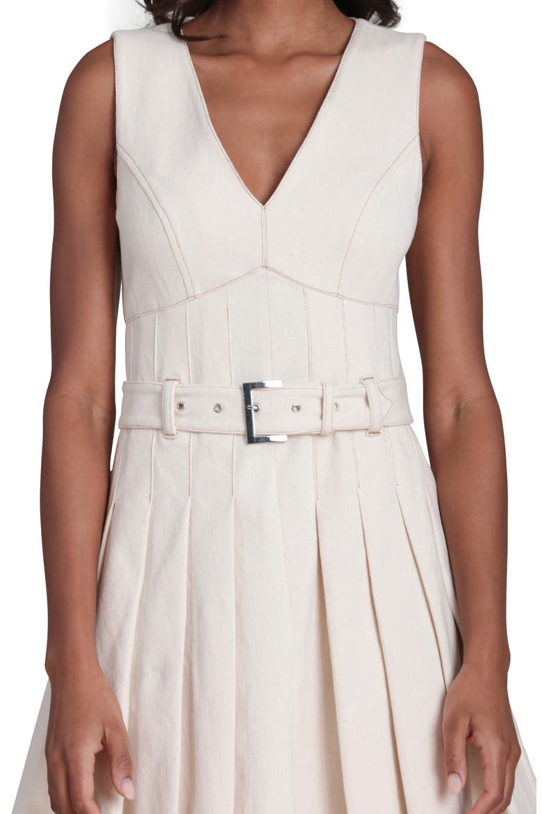 Seamed Sleeveless Pleated Stretch Cotton Minidress, Alternate, color, SEEDED ECRU