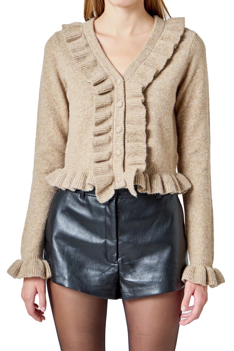 Ruffle Crop Cardigan, Alternate, color, TAN