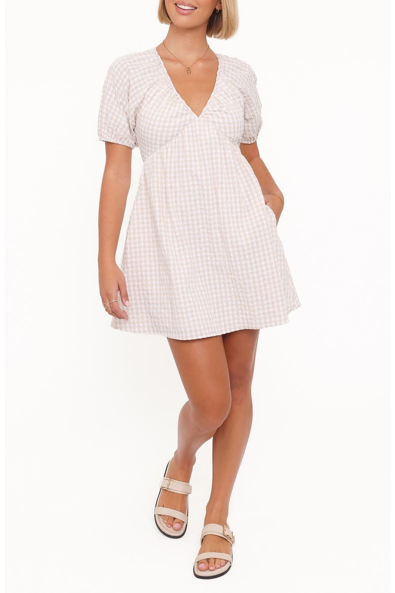 Cadhla Print Cotton Blend Minidress, Main, color, BEIGE GINGHAM