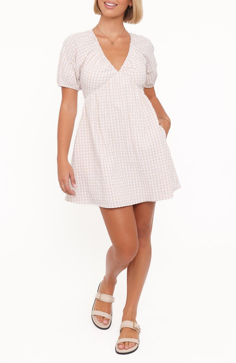 Petal & Pup Cadhla Print Cotton Blend Minidress, Main, color, Beige Gingham