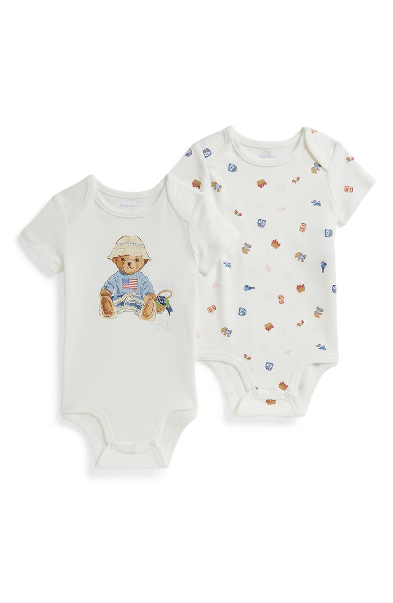 Ralph Lauren Assorted 2-Pack Bodysuits, Main, color, Berry Garden Girl Bear Toss