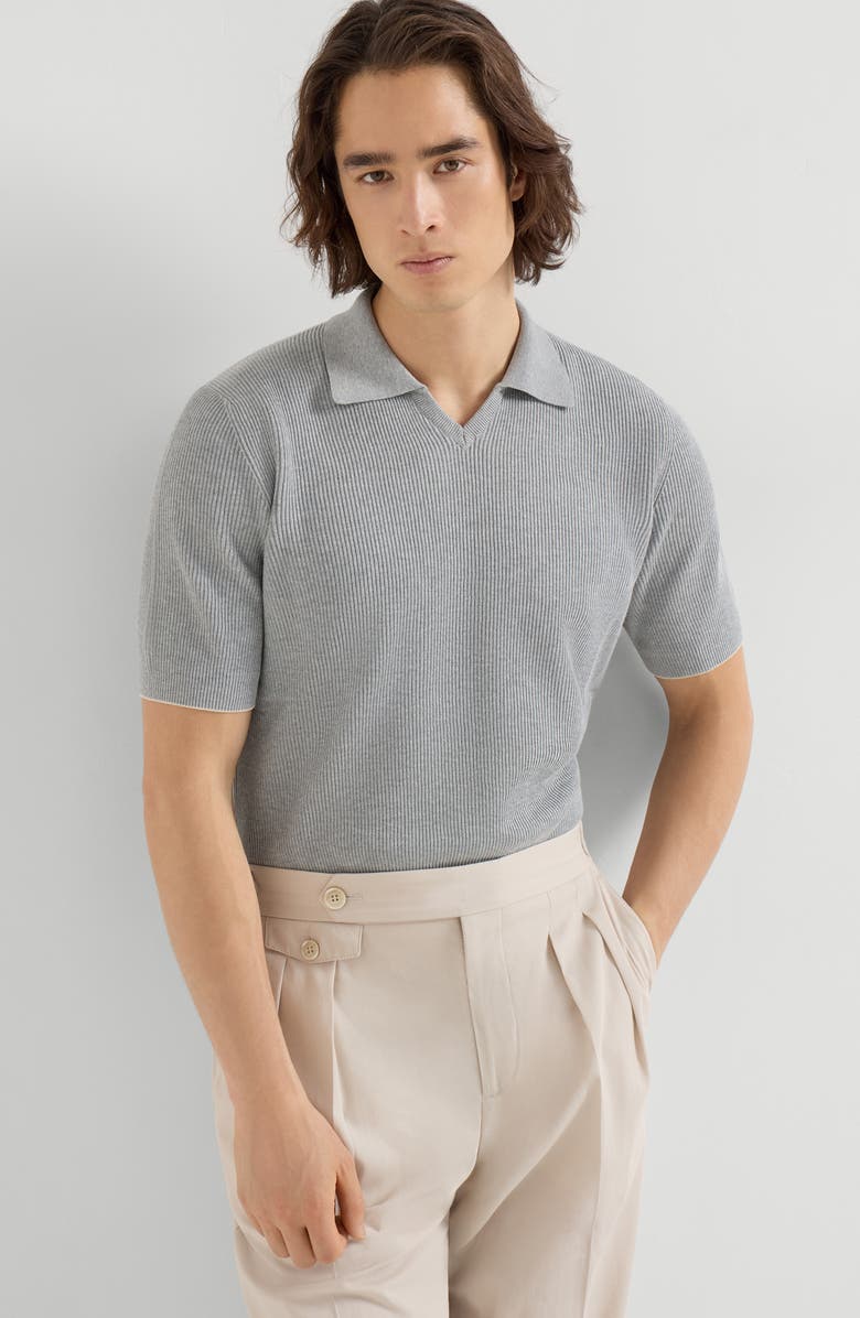 Brunello Cucinelli Cotton English rib knit polo, Alternate, color, Grey