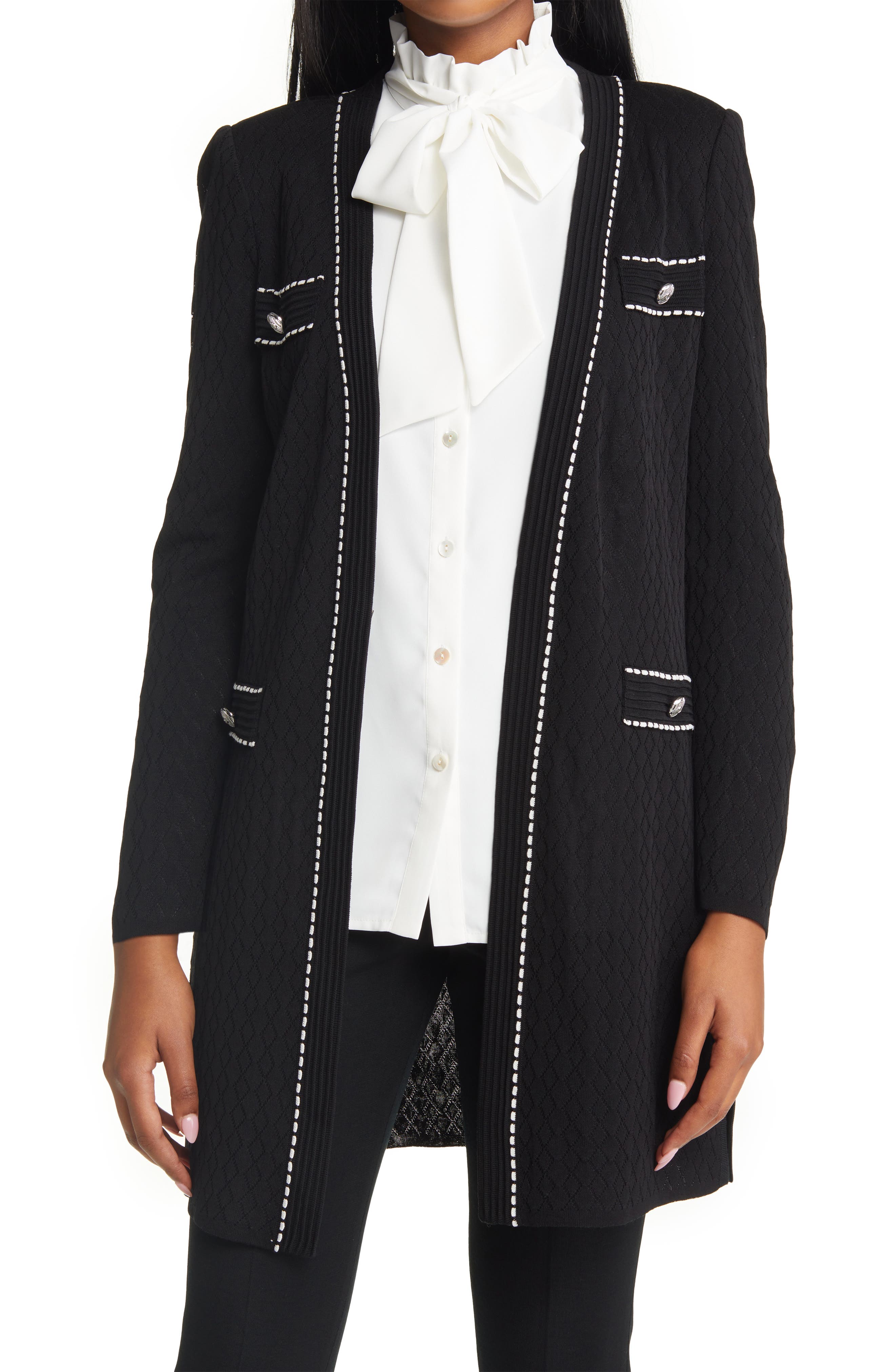 Ming Wang Pointelle Knit Duster Jacket In Black/ivory