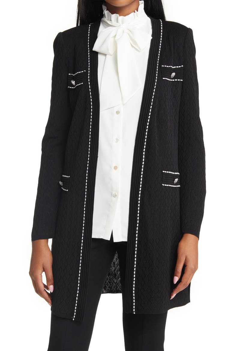 Pointelle Knit Duster Jacket, Main, color, BLACK/IVORY