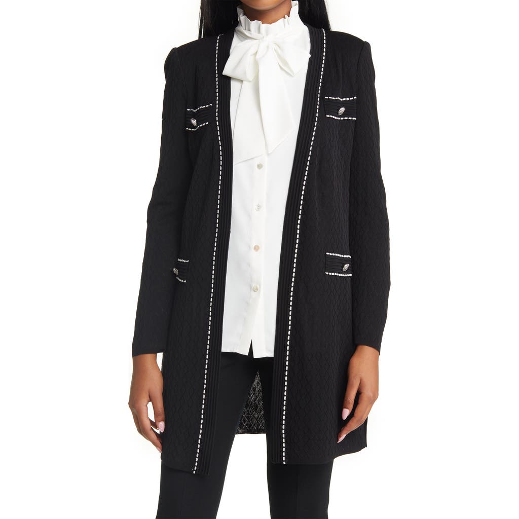 Ming Wang Pointelle Knit Duster Jacket In Black/ivory