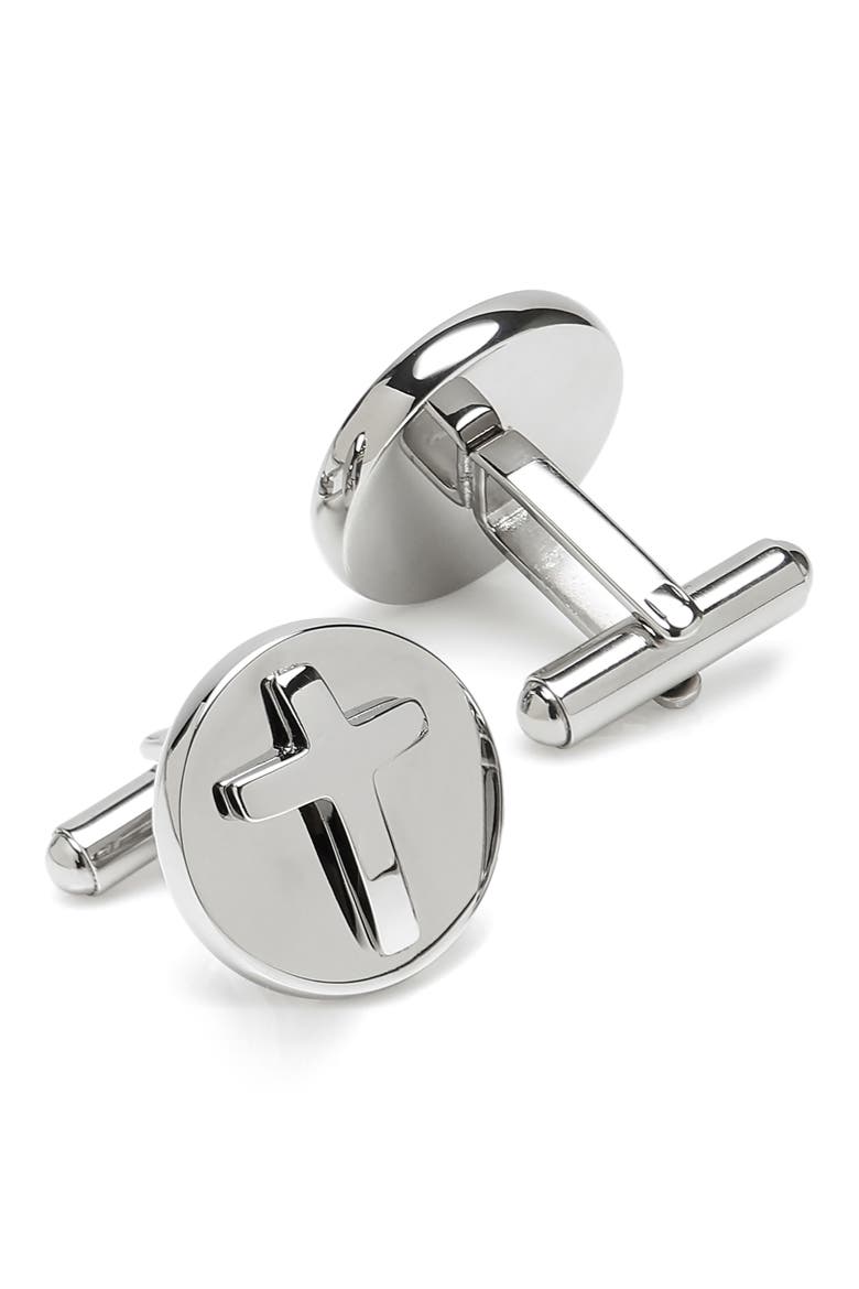 Cross Cuff Links, Alternate, color, SILVER
