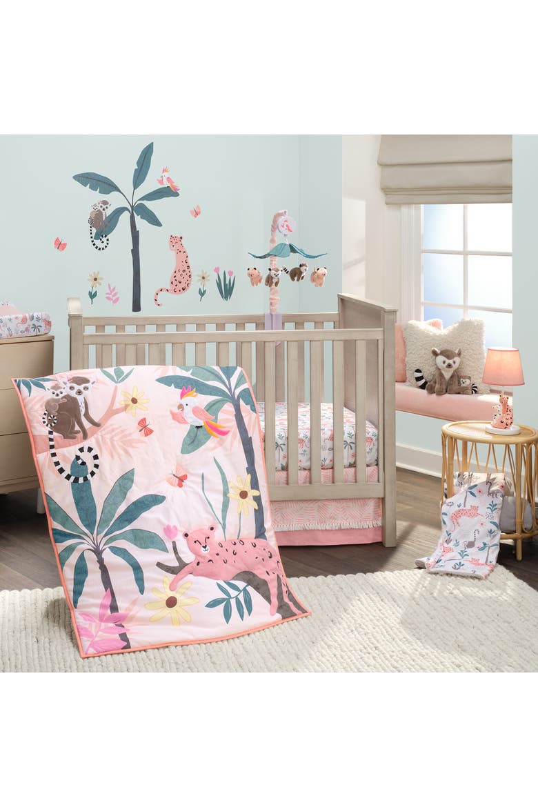 Enchanted Safari Leopard/Lemur Jungle 3-Piece Baby Crib Bedding Set, Alternate, color, Coral