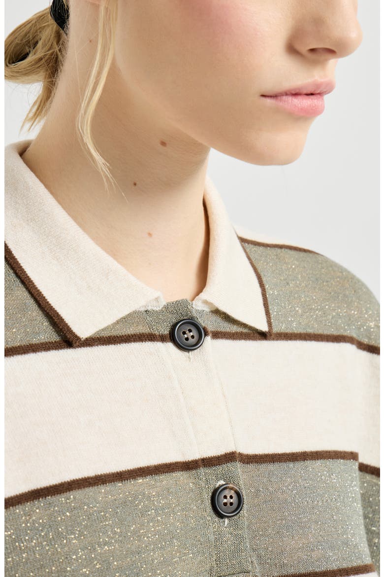 Cropped knit polo with sparkling stripes, Alternate, color, Sage
