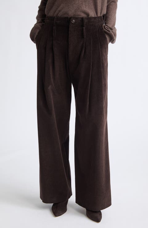 Triple Pleat Wide Leg Corduroy Trousers