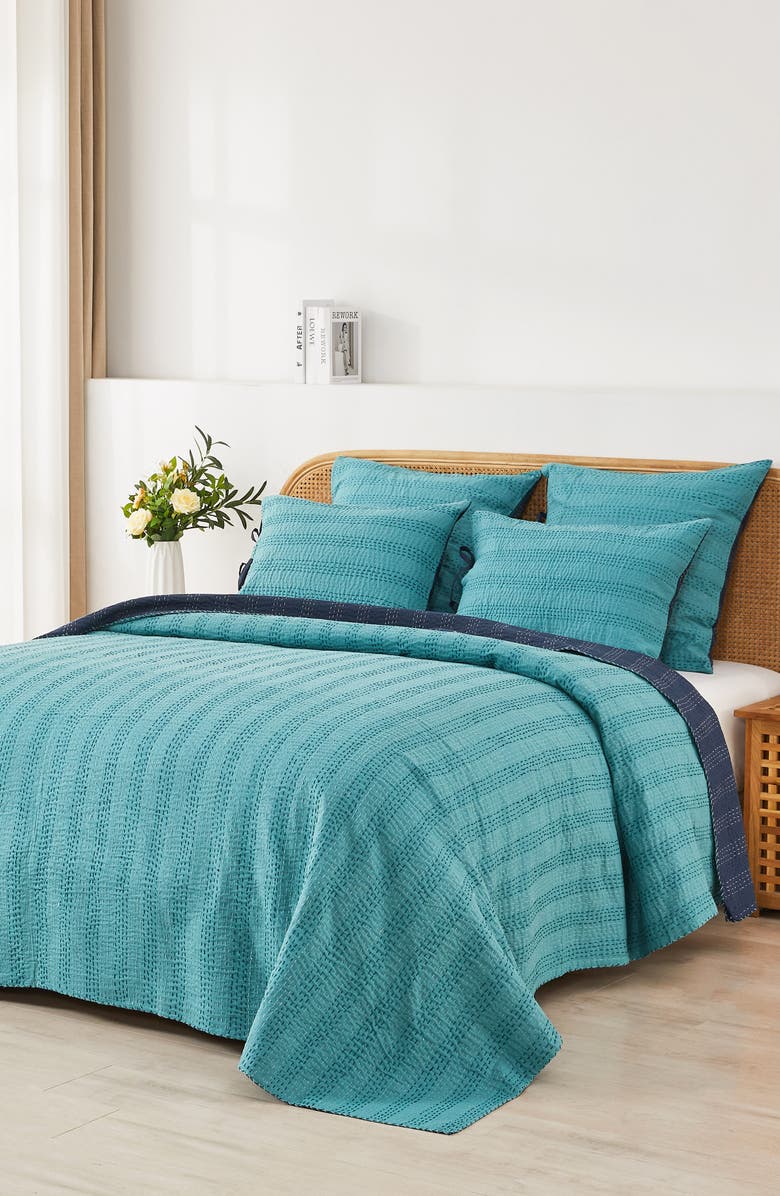 MELANGE HOME Kantha Set of 2 Reversible Cotton Shams, Alternate, color, Navy And Teal