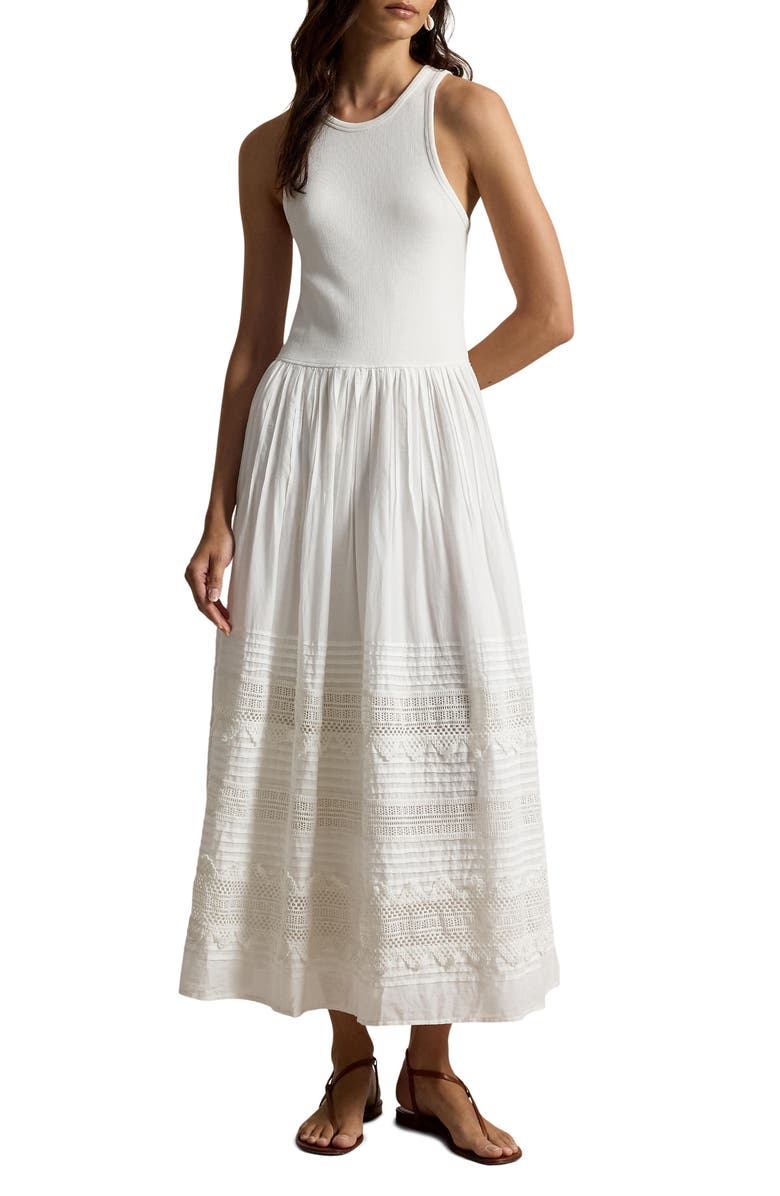 Polo Ralph Lauren Lace & Pintuck Detail Stretch Cotton Blend Tank Dress, Main, color, White