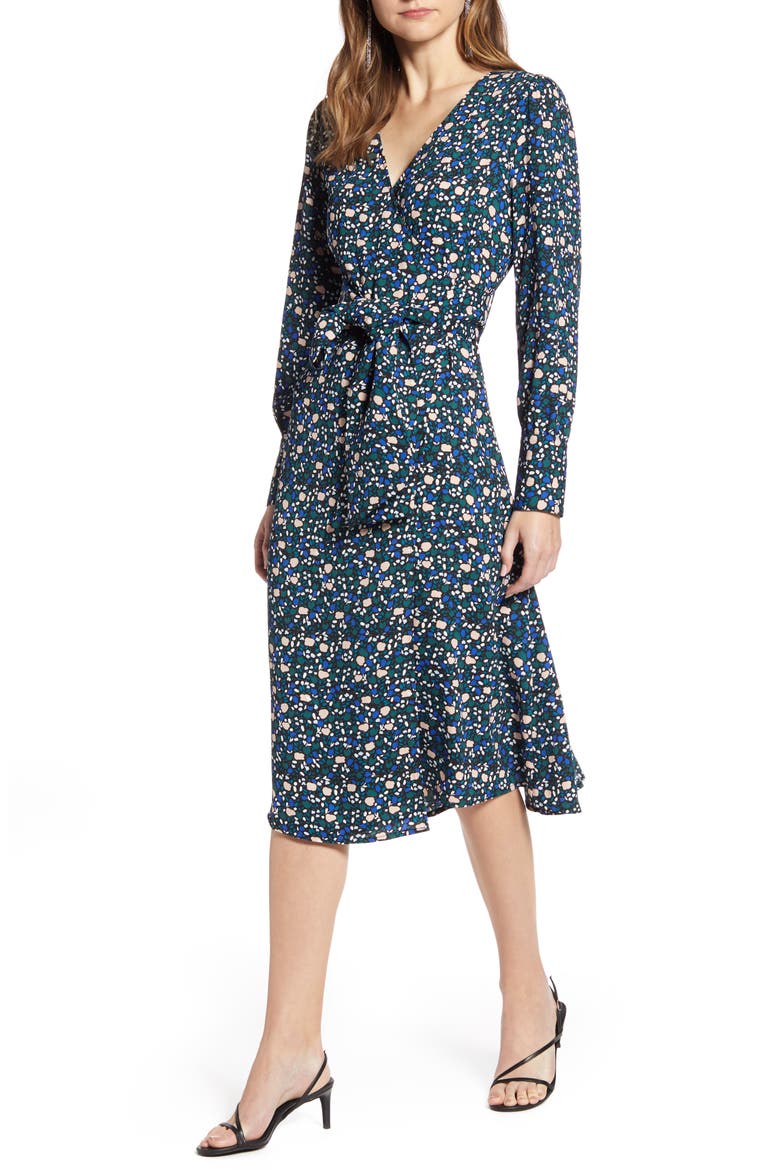 Long Sleeve Wrap Midi Dress, Main, color, BLACK- PINK S MALORY FLRL
