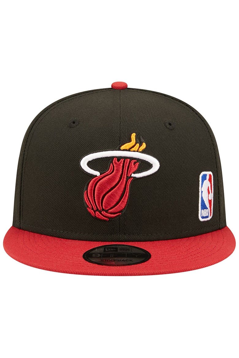 Men's New Era Black/Red Miami Heat Back Letter Arch 9FIFTY Snapback Hat, Alternate, color, Black