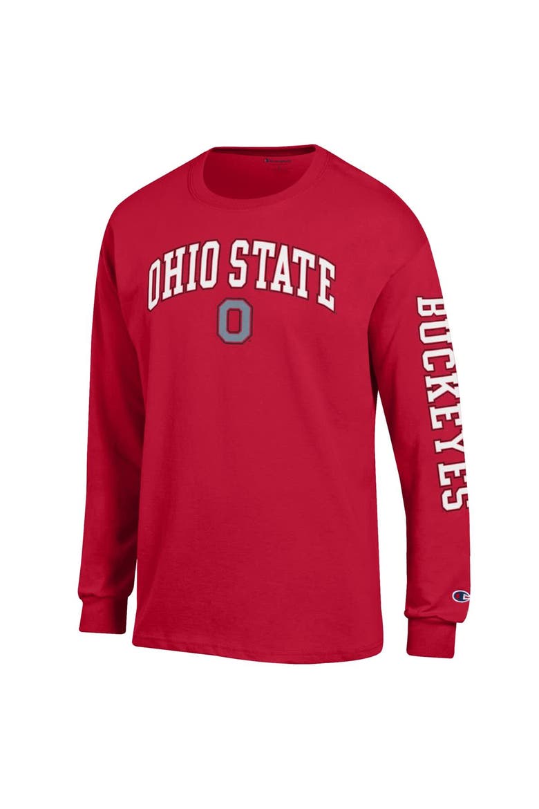 Men's Champion  Scarlet Ohio State Buckeyes Arch Over Logo 2-Hit Long Sleeve T-Shirt, Alternate, color, Scarlet