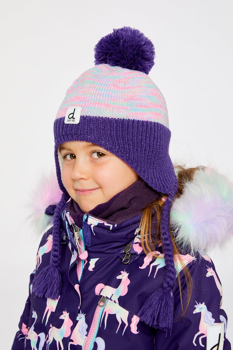 Peruvian Striped Fleece-Lined Earflap Knit Hat with Pompom, Alternate, color, Multicolored