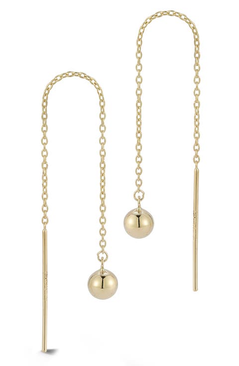 14K Yellow Gold Ball Drop Chain Threader Earrings