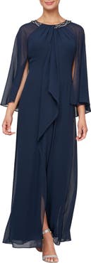 SL FASHIONS Illusion Cape Chiffon Gown