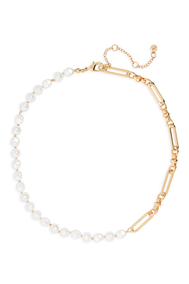 Chain Link & Imitation Pearl Necklace, Main, color, GOLD- WHITE