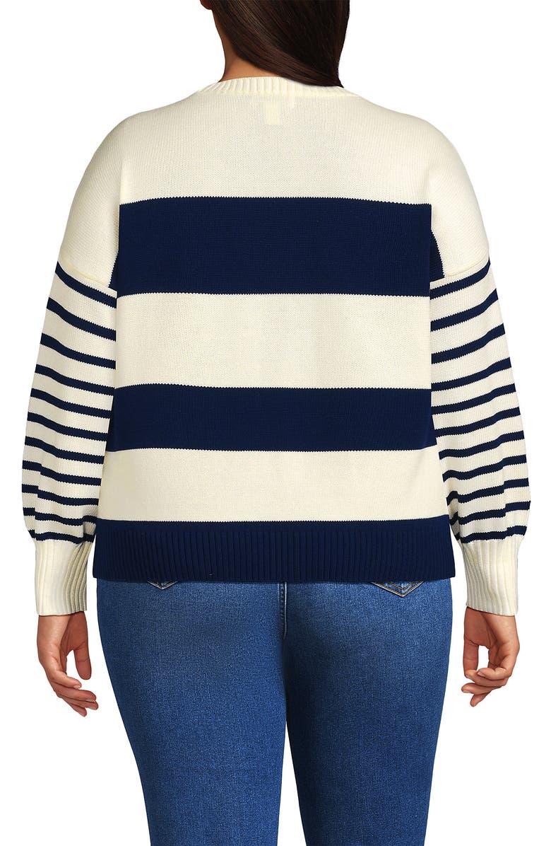 Lands' End Womens Plus Size Drifter Drop Shoulder Placed Jacquard Crew Neck Sweater, Alternate, color, Navy/Fresh Ivory Wide Stripe