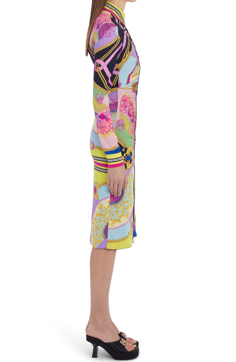 Versace Ventagli Fan Print Long Sleeve Stretch Silk Shirtdress, Alternate, color, 