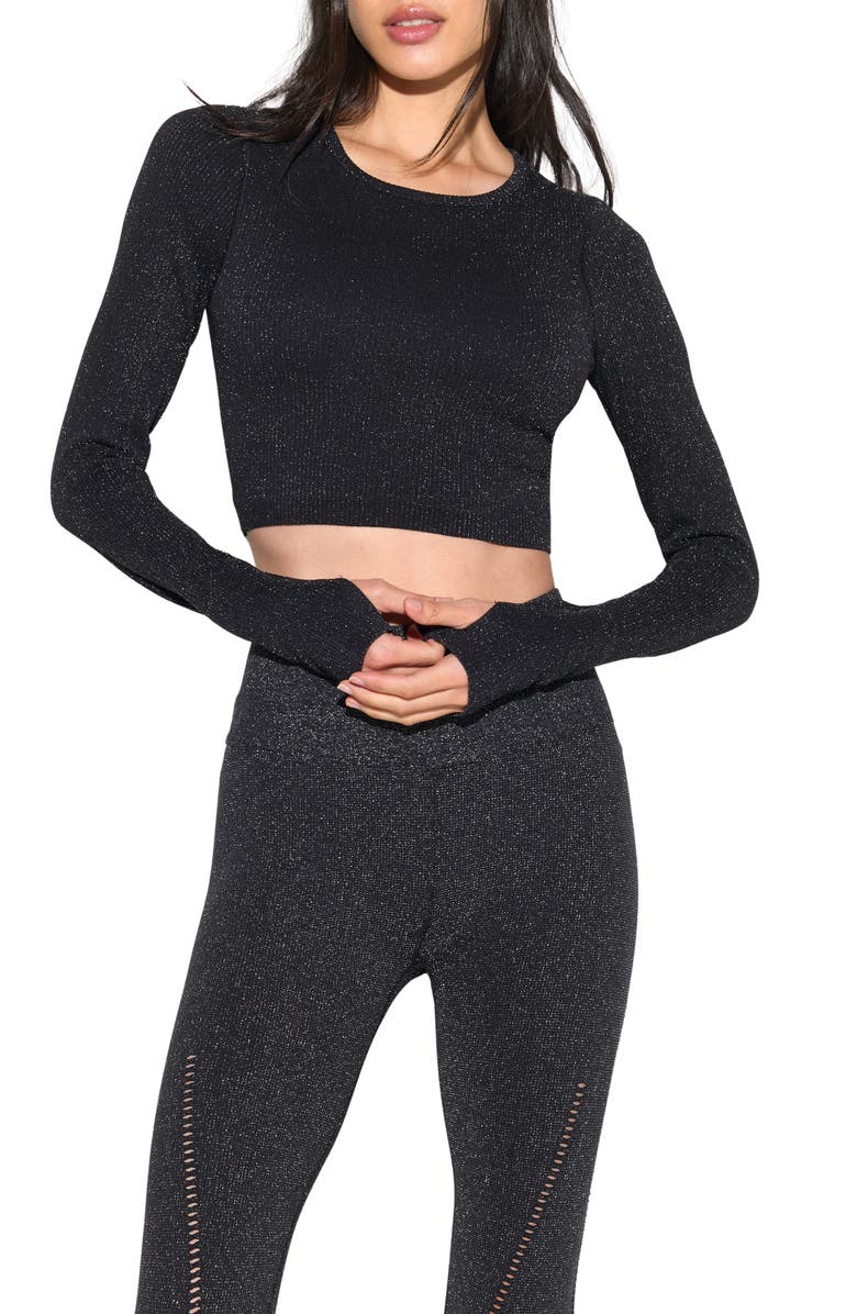 Spiritual Gangster Liberty Shimmer Long Sleeve Crop Top, Main, color, Black